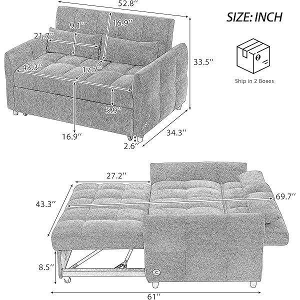 Sofá cama convertible de 52,8" con dos plazas, sofá cama capitoné 3 en 1