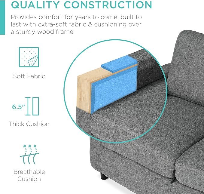 Best Choice Products Sofá seccional tapizado para el hogar, departamento, recámara, habitación adicional, espacios compactos con tumbona, 3 asientos, diseño en forma de L, banco otomano reversible