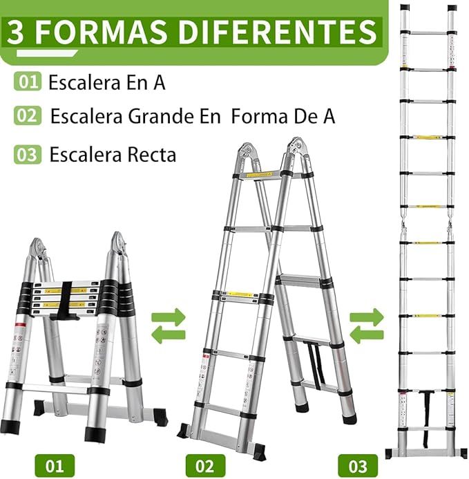 Escalera Telescopica De Aluminio 3.8M Escalera De Tijera A Marco 12.5 Pies Escalera Multiposición Retractil Portátil con Barra Estabilizadora, 330 Lbs De Capacidad