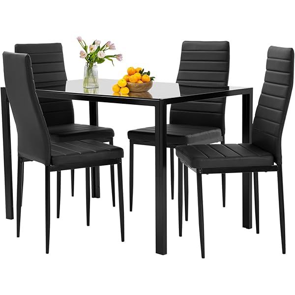 Dining Table Set Glass Dining Room Table Set  Home Furniture Rectangular Modern (Black Glass)