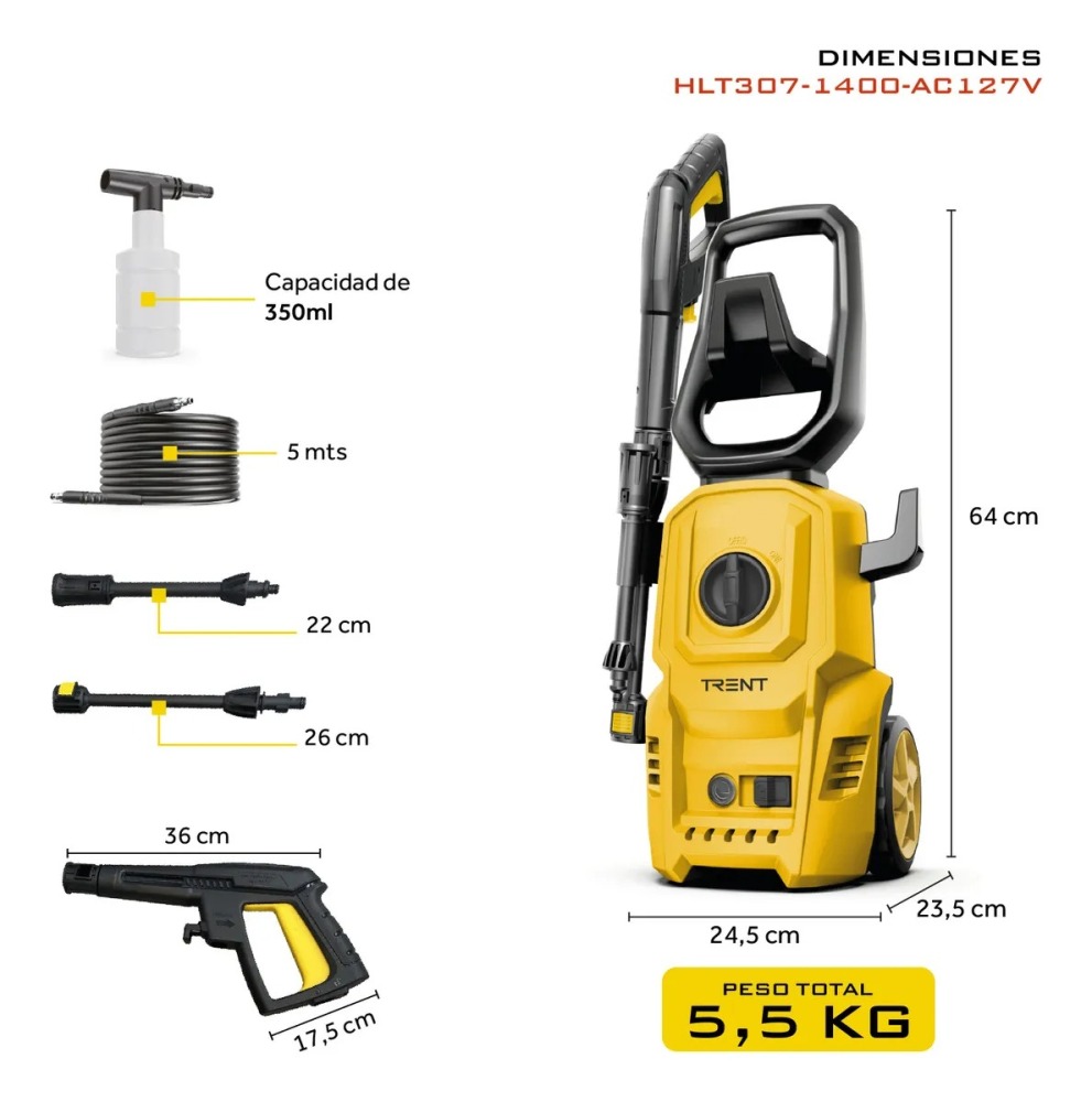 Hidrolavadora Electrica HLT307 1400W Alta presion 1600 Psi 110 Bar