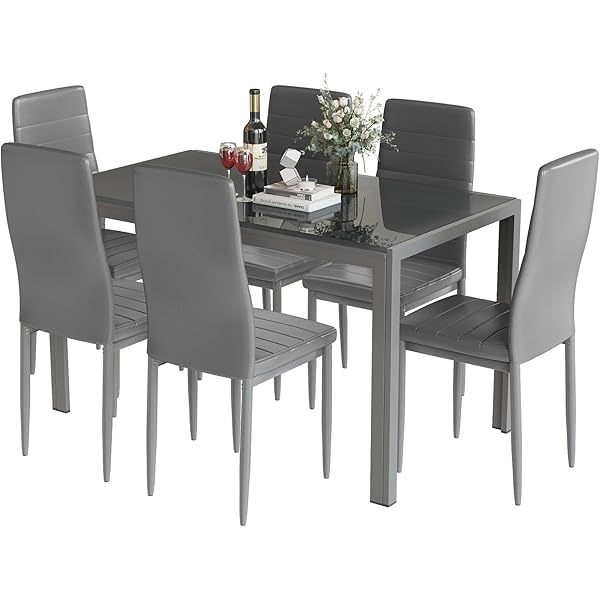 Comedor moderno de 7 piezas para 6 personas, mesa de vidrio templado y sillas de cuero sintético