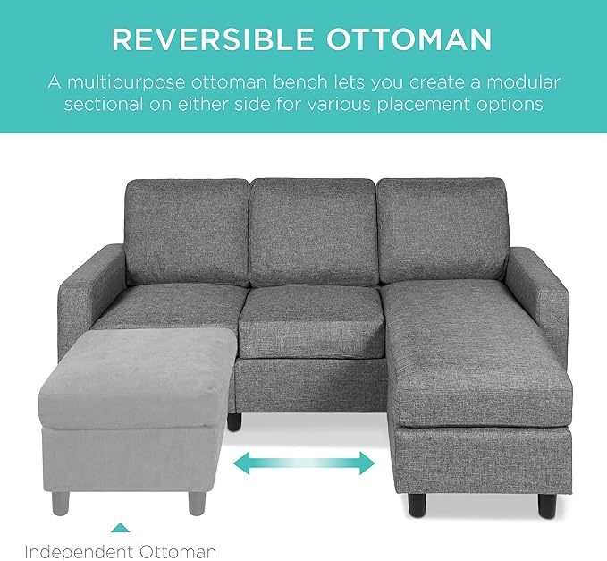 Best Choice Products Sofá seccional tapizado para el hogar, departamento, recámara, habitación adicional, espacios compactos con tumbona, 3 asientos, diseño en forma de L, banco otomano reversible