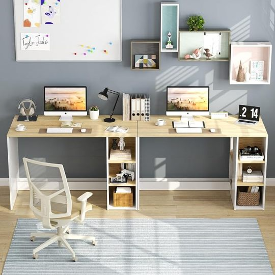 FurnitureR Escritorio para Computadora de Oficina con Almacenamiento Escritorio de Trabajo y Estudio con 5 Estantes Mesa Portátil para Estudiantes Escritorio de Escritura Moderno Haya y Blanco