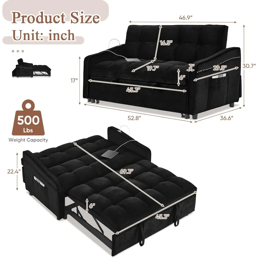 Sofá cama 3 en 1 con puerto USB y tipo C, sofá de dos plazas de 52" con cama extraíble