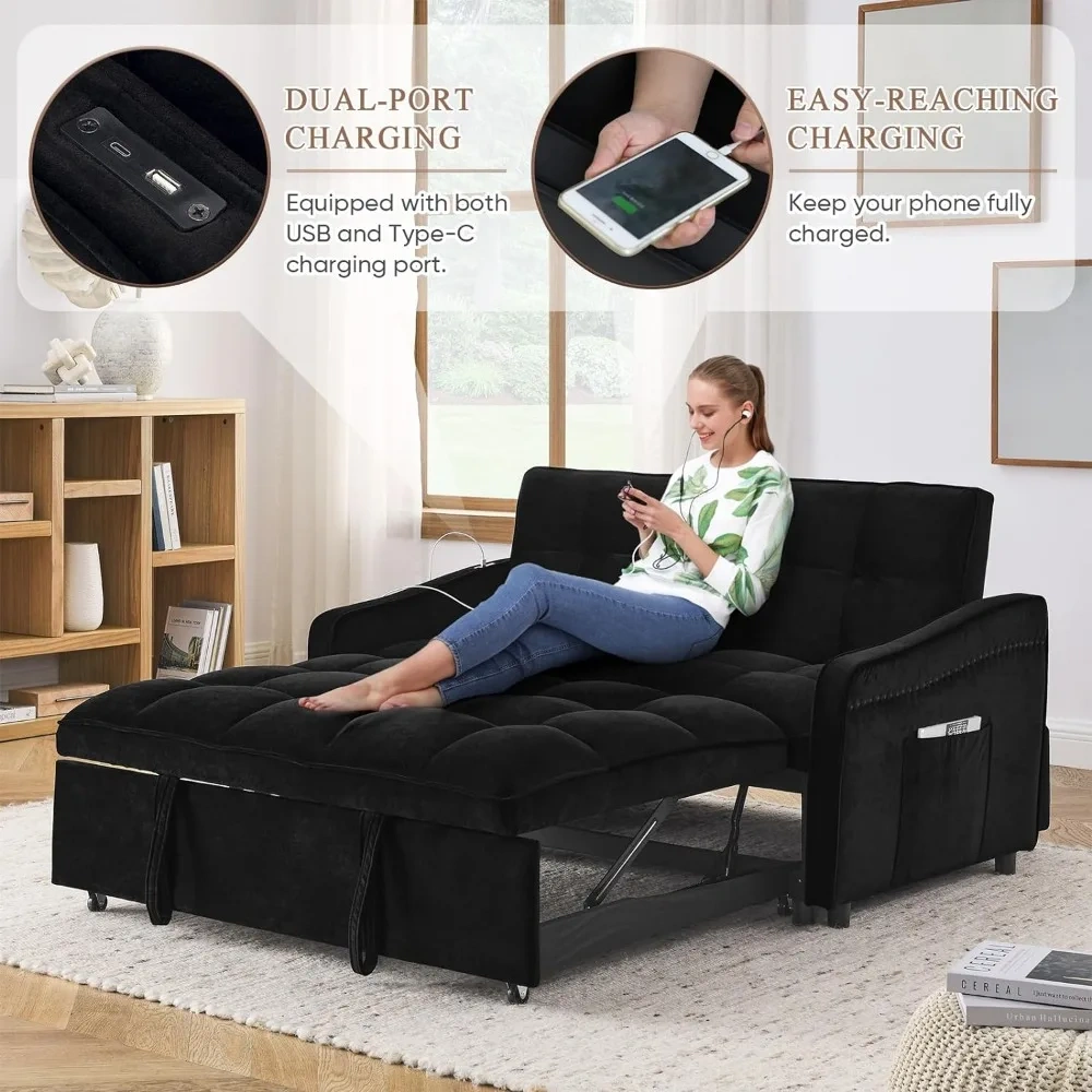 Sofá cama 3 en 1 con puerto USB y tipo C, sofá de dos plazas de 52" con cama extraíble