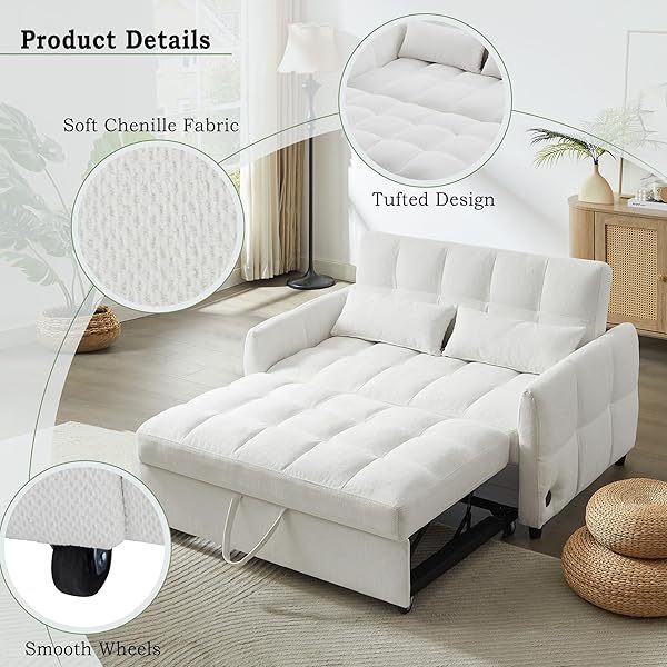 Sofá cama convertible de 52,8" con dos plazas, sofá cama capitoné 3 en 1