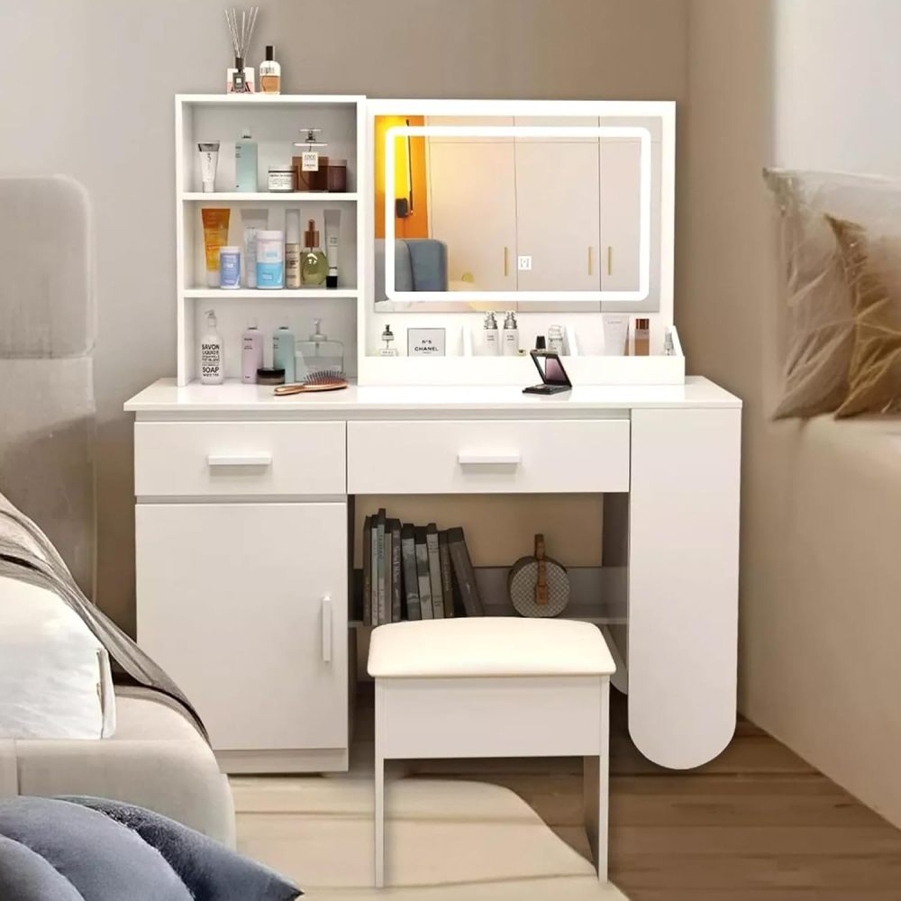 Tocador, tocador con espejo iluminado, 2 cajones, mueble RGB, 100x40x132cm (marrón claro)
