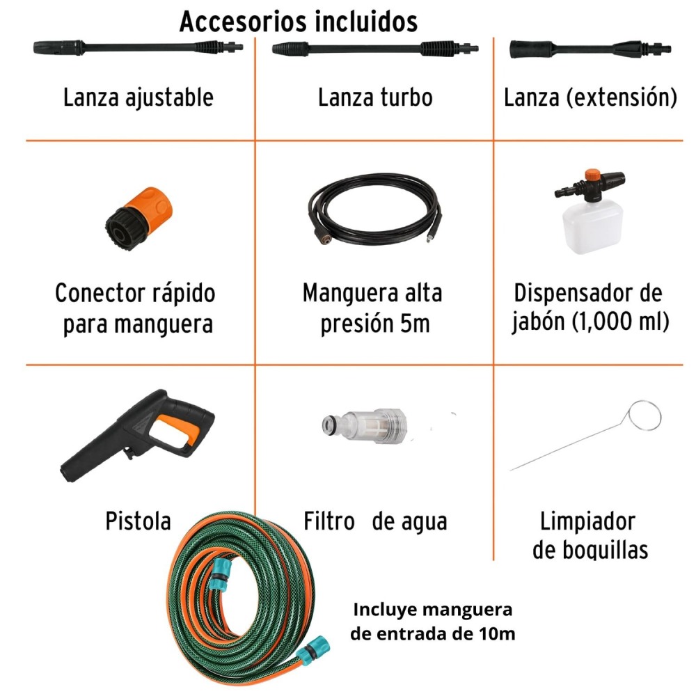 Hidrolavadora portátil Truper 1500 PSI + manguera 10m conectores click