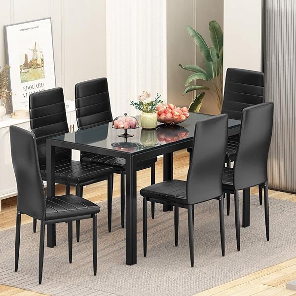 Comedor moderno de 7 piezas para 6 personas, mesa de vidrio templado y sillas de cuero sintético