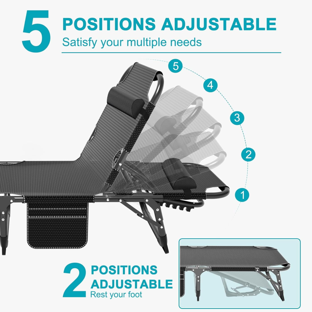 Sillón plegable, sillón reclinable para exteriores ajustable en 5 posiciones