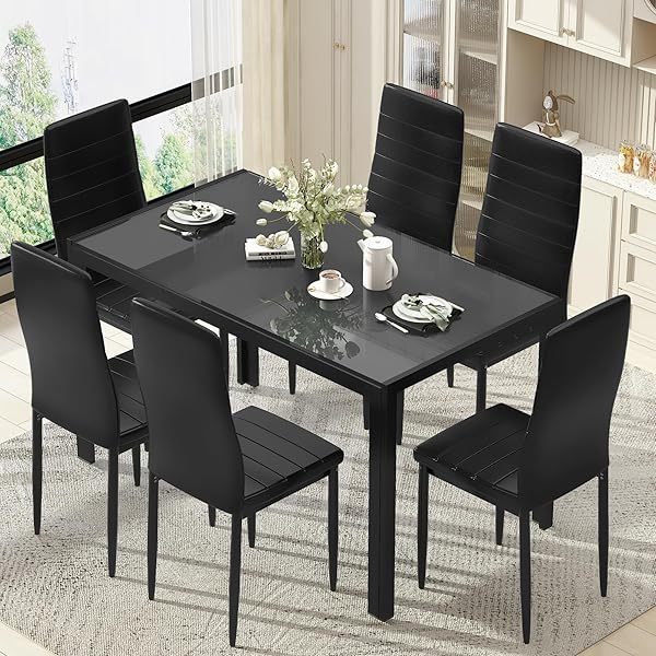 Comedor moderno de 7 piezas para 6 personas, mesa de vidrio templado y sillas de cuero sintético