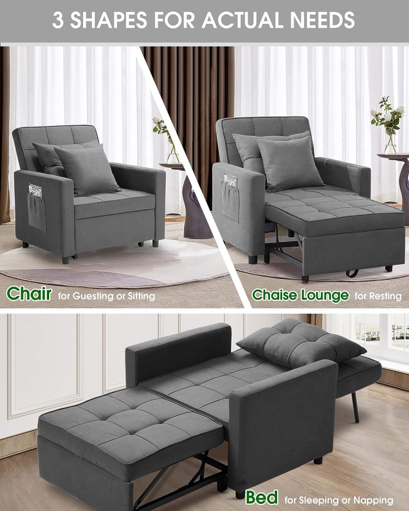 [Actualizado] Silla convertible, cama 3 en 1, respaldo ajustable sin escalón, sillón, sofá, cama, forro polar, gris oscuro, uno individual