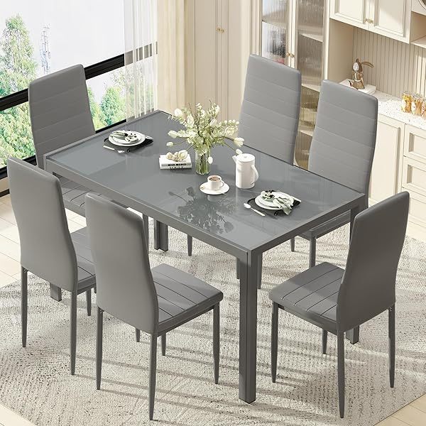 Comedor moderno de 7 piezas para 6 personas, mesa de vidrio templado y sillas de cuero sintético