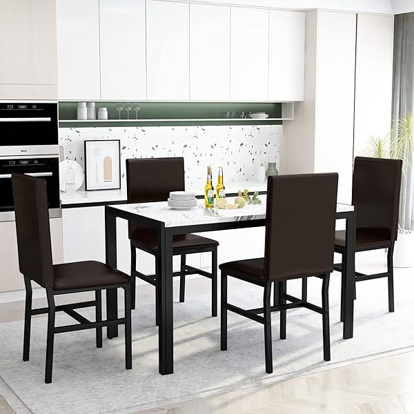 Comedor moderno de 7 piezas para 6 personas, mesa de vidrio templado y sillas de cuero sintético