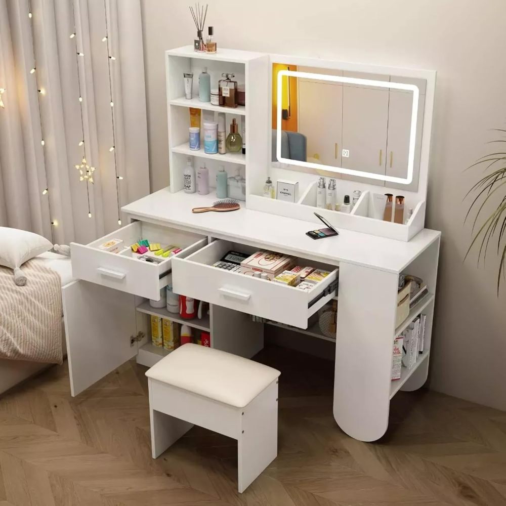 Tocador, tocador con espejo iluminado, 2 cajones, mueble RGB, 100x40x132cm (marrón claro)
