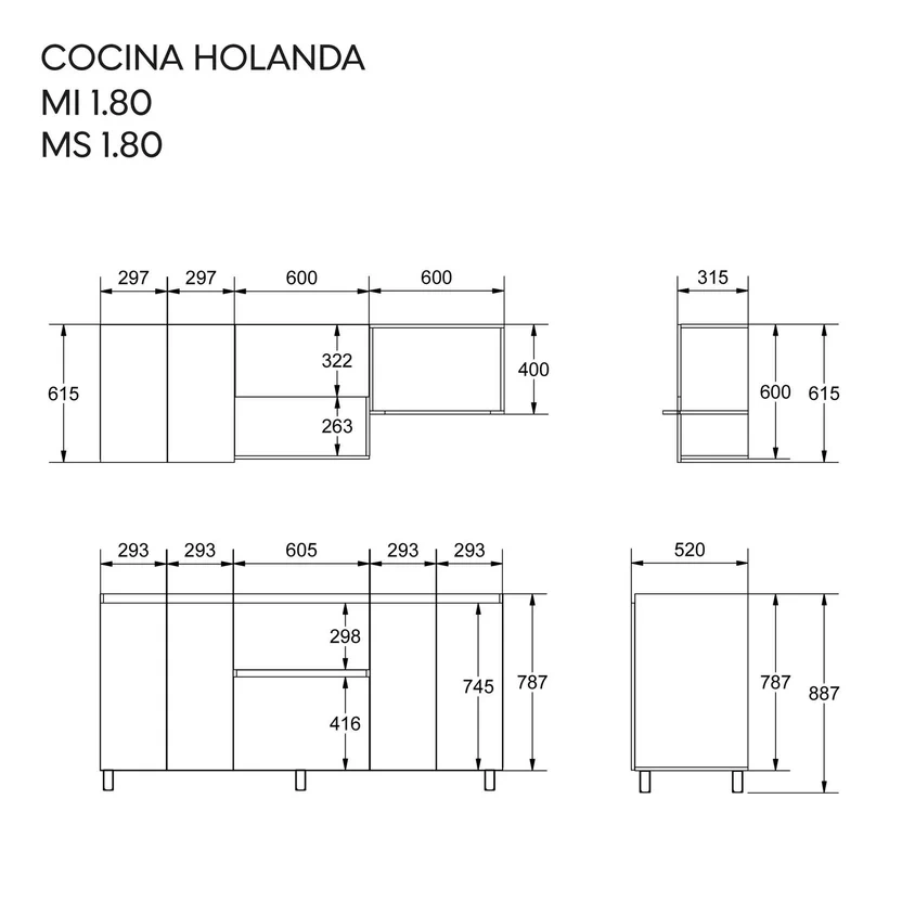 Cocina Integral 1.80 Metros  Incluye Mesón Poceta Izquierda con 4 Fogones a Gas