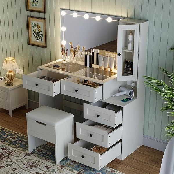Espejo estilo granja, tocador grande con bombillas LED, juego de tocador para maquillaje