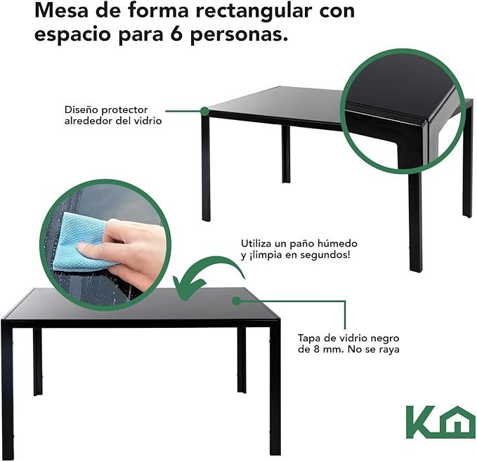 Juego Set Comedor De 7 Piezas - Mesa Vidrio Templado 6 Sillas Acolchadas - Estructura Metálica - Negro