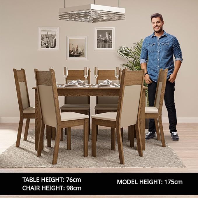 Conjunto Comedor, Mesa Tapa de Madera con 6 Sillas Jaíne - Marrón/Creme