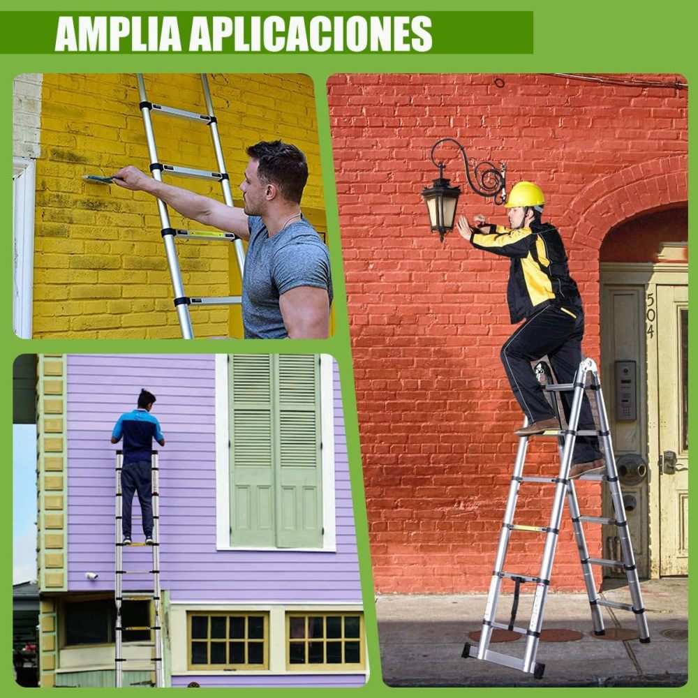 Escalera Telescopica De Aluminio 3.8M Escalera De Tijera A Marco 12.5 Pies Escalera Multiposición Retractil Portátil con Barra Estabilizadora, 330 Lbs De Capacidad