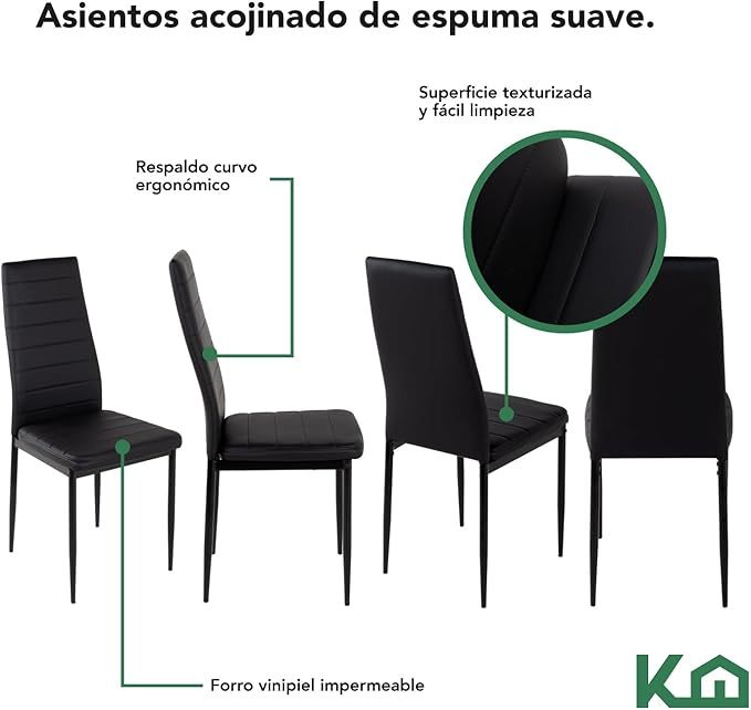 Juego Set Comedor De 7 Piezas - Mesa Vidrio Templado 6 Sillas Acolchadas - Estructura Metálica - Negro