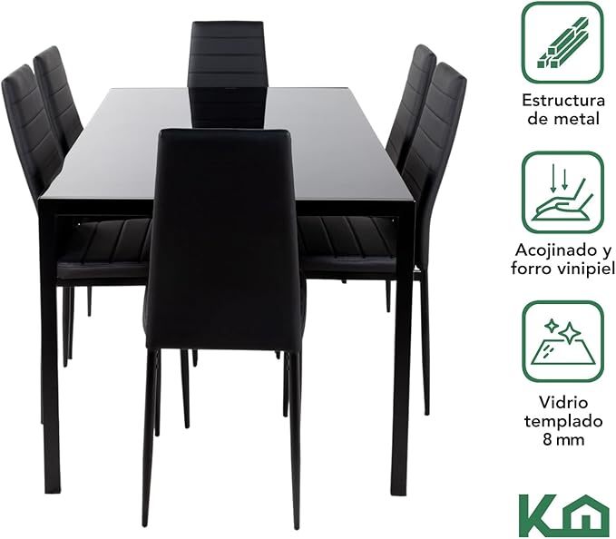 Juego Set Comedor De 7 Piezas - Mesa Vidrio Templado 6 Sillas Acolchadas - Estructura Metálica - Negro