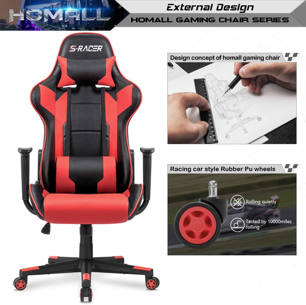 Silla estilo oficina para juegos con respaldo alto, de cuero sintético, silla de computadora de escritorio, estilo de carrera, ejecutiva, ergonómica y ajustable, giratoria, con reposacabezas y apoyo lumbar