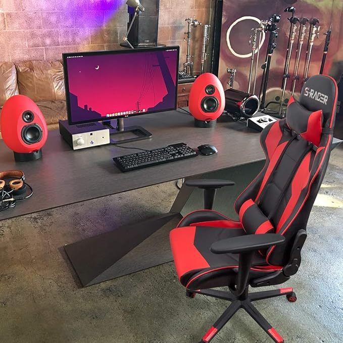 Silla estilo oficina para juegos con respaldo alto, de cuero sintético, silla de computadora de escritorio, estilo de carrera, ejecutiva, ergonómica y ajustable, giratoria, con reposacabezas y apoyo lumbar