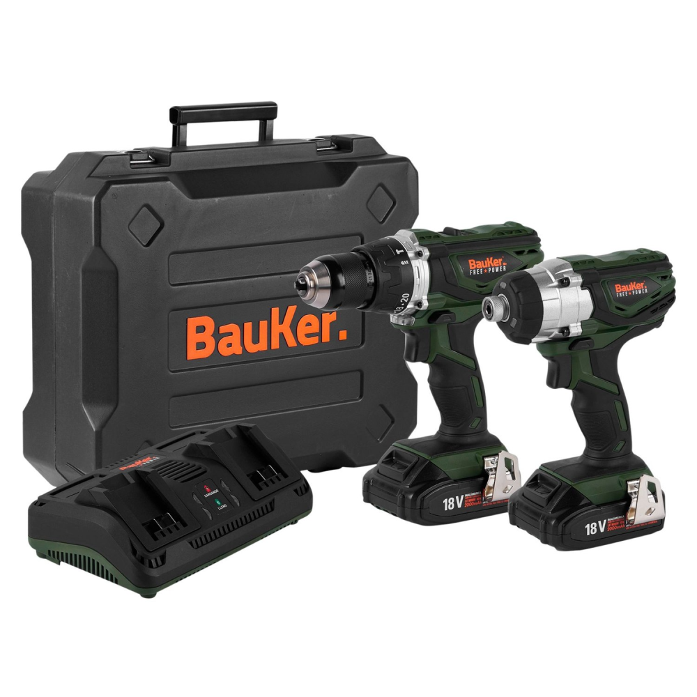 Taladro Percutor 1/2"+ Atornillador de Impacto 1/4" Inalámbrico 18V + 2 baterías + Cargador + Maletín