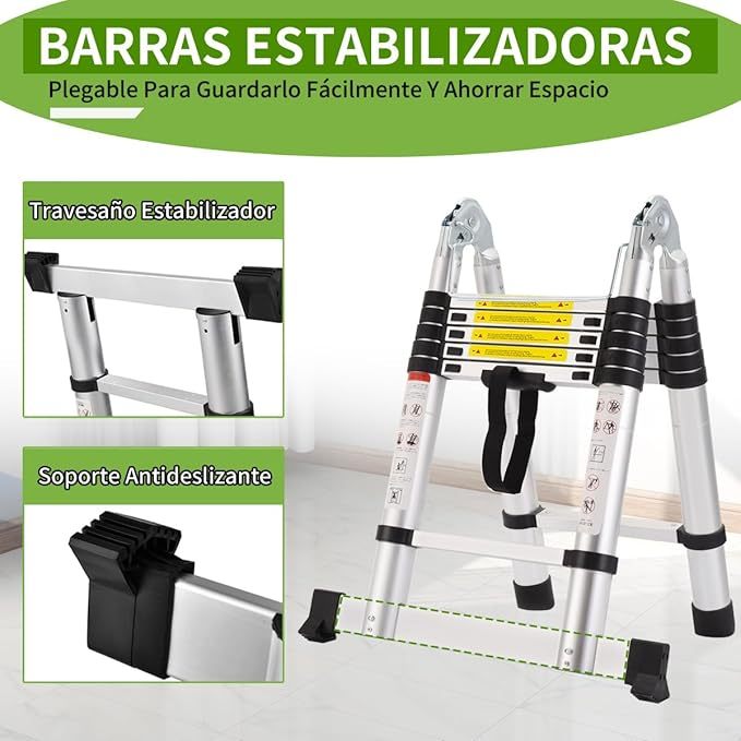 Escalera Telescopica De Aluminio 3.8M Escalera De Tijera A Marco 12.5 Pies Escalera Multiposición Retractil Portátil con Barra Estabilizadora, 330 Lbs De Capacidad