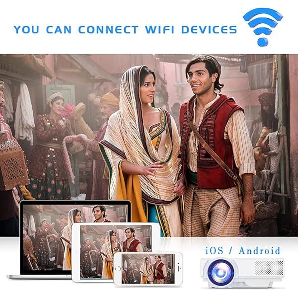 Proyector con WiFi y Bluetooth, proyector para exteriores actualizado a 2024, miniproyector de películas compatible con 1080P, sincroniza la pantalla del teléfono inteligente mediante un cable WiFi/USB para entretenimiento en el hogar