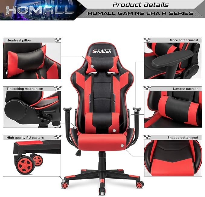 Silla estilo oficina para juegos con respaldo alto, de cuero sintético, silla de computadora de escritorio, estilo de carrera, ejecutiva, ergonómica y ajustable, giratoria, con reposacabezas y apoyo lumbar