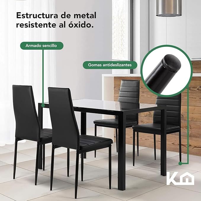 Juego Set Comedor De 7 Piezas - Mesa Vidrio Templado 6 Sillas Acolchadas - Estructura Metálica - Negro