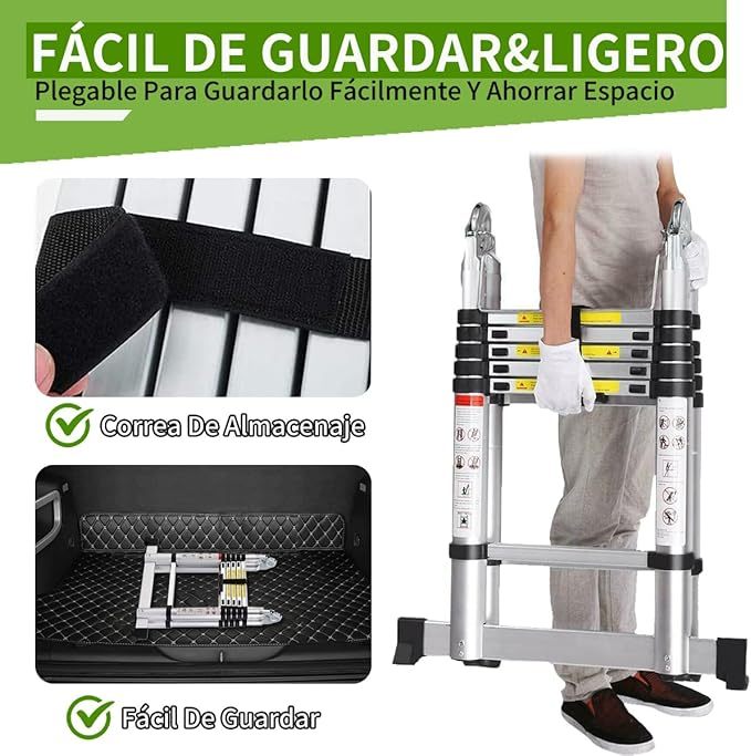 Escalera Telescopica De Aluminio 3.8M Escalera De Tijera A Marco 12.5 Pies Escalera Multiposición Retractil Portátil con Barra Estabilizadora, 330 Lbs De Capacidad