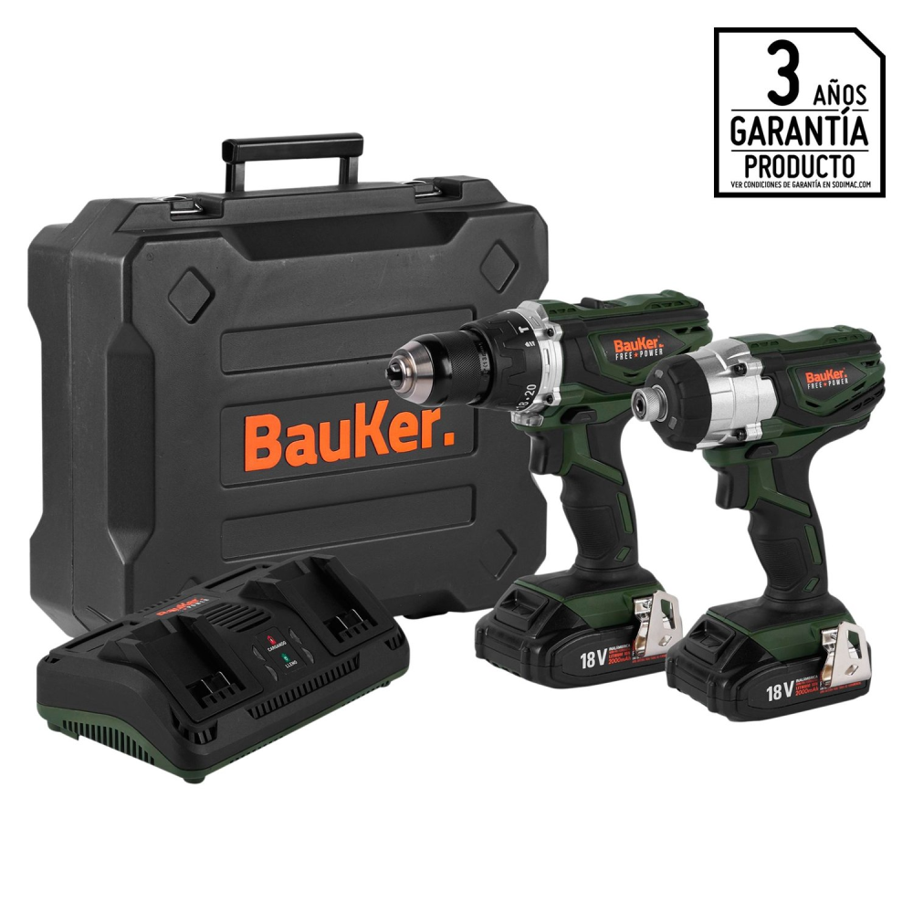 Taladro Percutor 1/2"+ Atornillador de Impacto 1/4" Inalámbrico 18V + 2 baterías + Cargador + Maletín