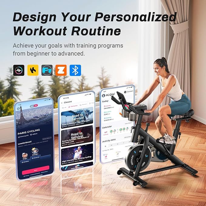 Bicicleta de ejercicio, almohadilla de freno/bicicleta estática magnética con aplicación exclusiva, bicicleta de ciclismo interior de bajo ruido con capacidad de peso de 270 libras, estante