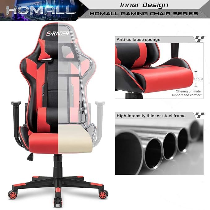 Silla estilo oficina para juegos con respaldo alto, de cuero sintético, silla de computadora de escritorio, estilo de carrera, ejecutiva, ergonómica y ajustable, giratoria, con reposacabezas y apoyo lumbar