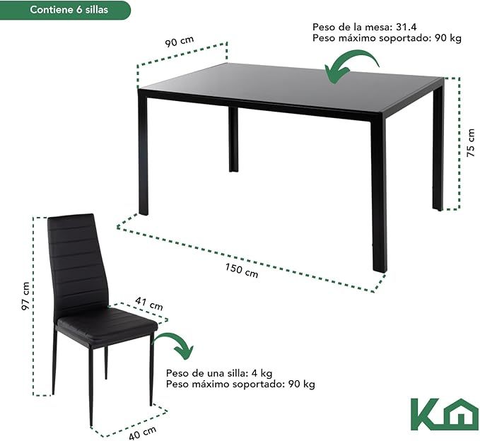 Juego Set Comedor De 7 Piezas - Mesa Vidrio Templado 6 Sillas Acolchadas - Estructura Metálica - Negro