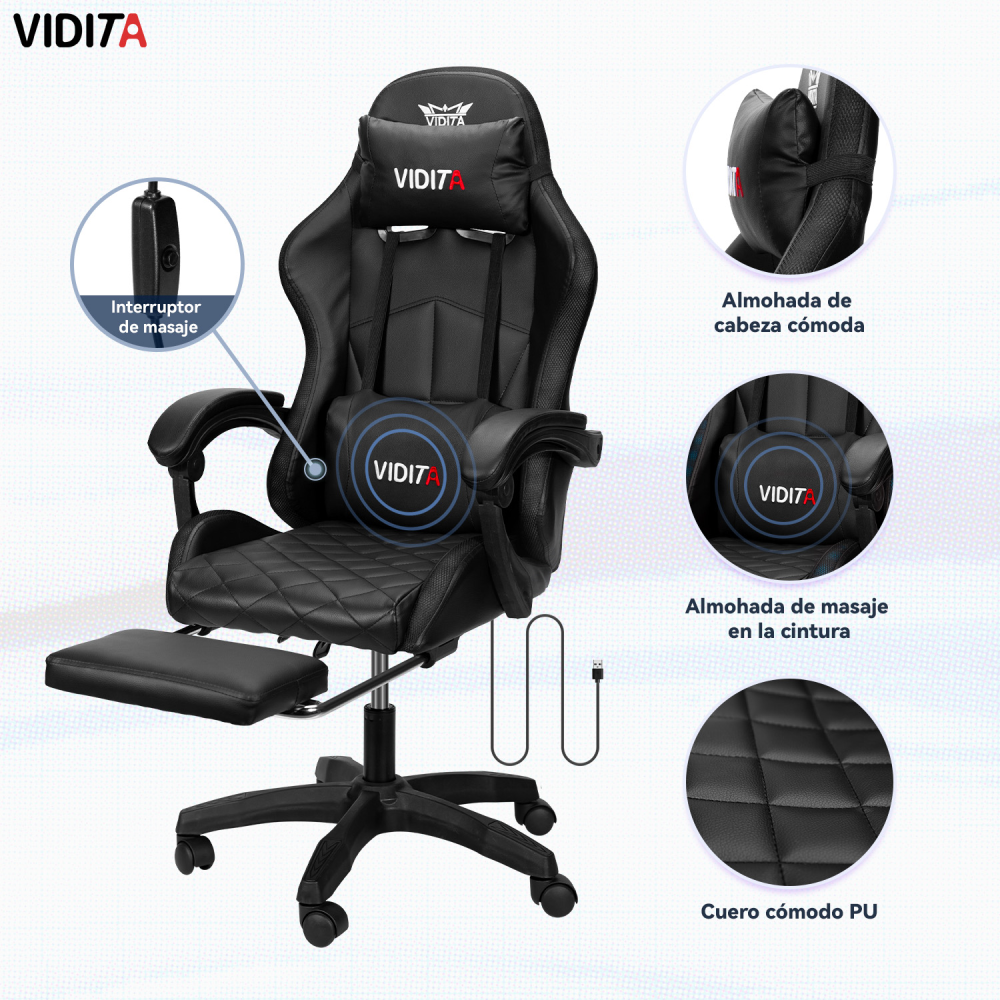 Silla Gamer RGB K-night Reclinable Con Masajeasdor Reposapiés Negra
