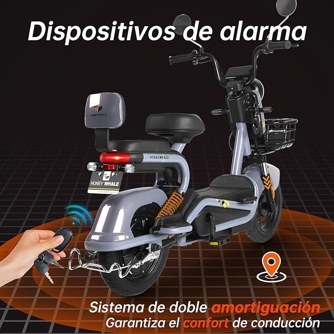 Bicimoto Eléctrica con Alarma, Máxima del Motor 700W, Velocidad Máxima 45KM/H, Autonomía 55-60KM, Baterías de Gran Capacidad 20AH