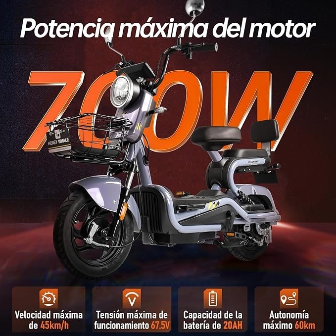 Bicimoto Eléctrica con Alarma, Máxima del Motor 700W, Velocidad Máxima 45KM/H, Autonomía 55-60KM, Baterías de Gran Capacidad 20AH