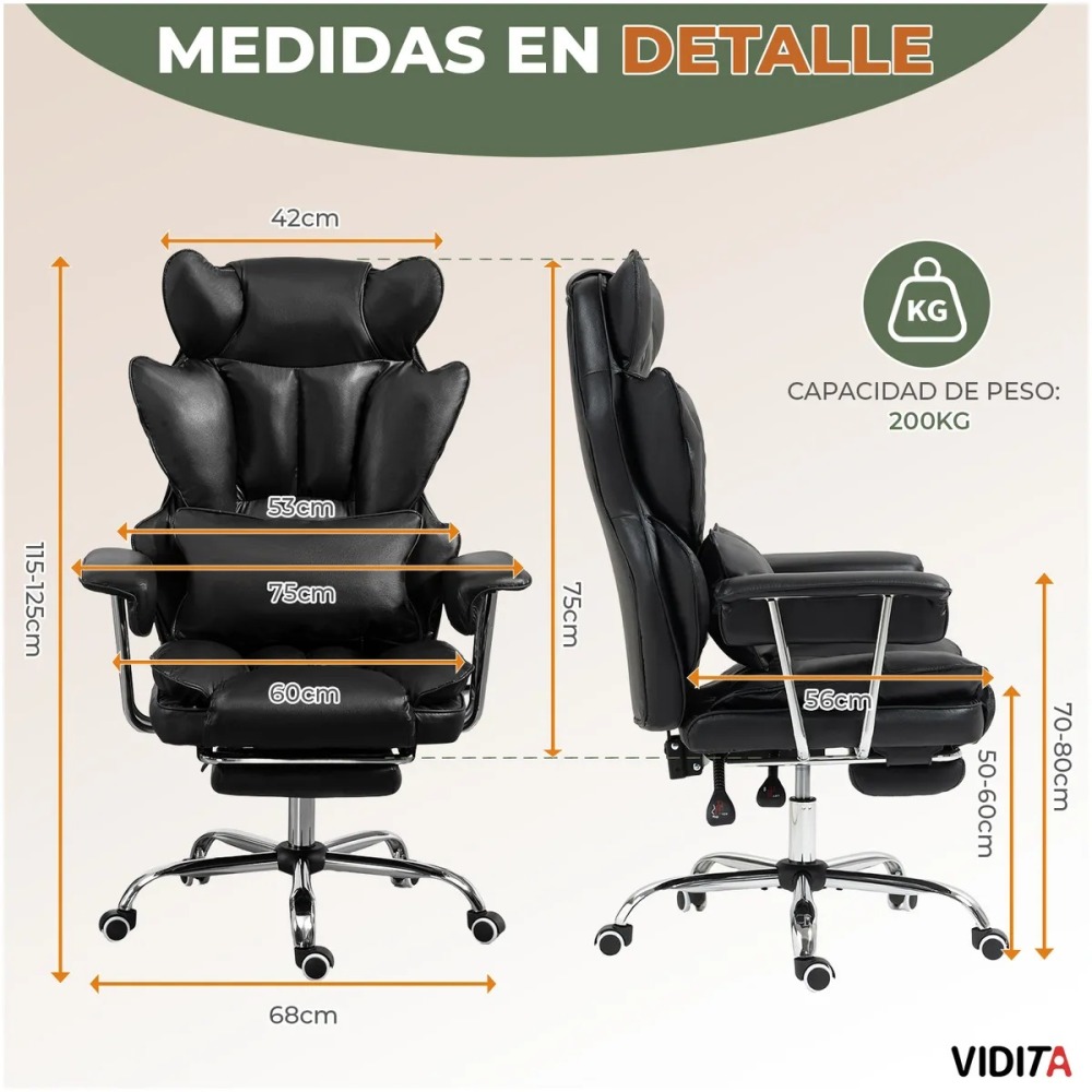 Silla Escritorio Ejecutiva Emilio Premium+ Oficina Ergonómica Pu Negro