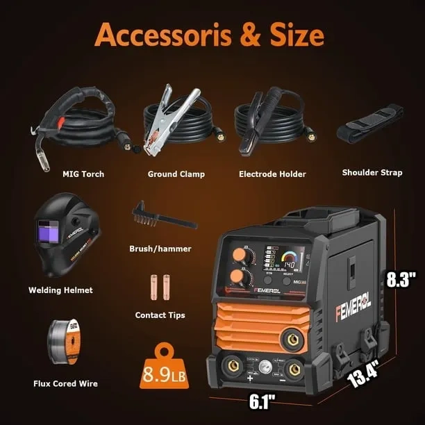 Soldadora FEMEROL 140A 3 en 1 MIG/Flux Core/TIG/Stick 110V