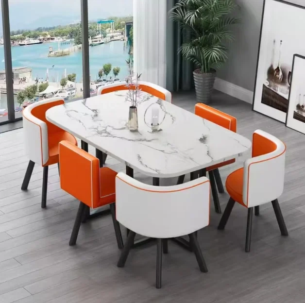 Mesa de comedor clásica moderna con encimera de mármol blanco, nueva (2026), para sala de estar con juego de 6 sillas