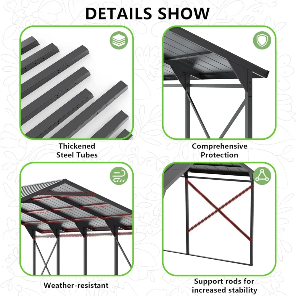 Cochera metálica de 12 x 22 pies (aprox. 3,6 x 6,7 m) para exteriores; garaje resistente de acero galvanizado con base y techo reforzados.