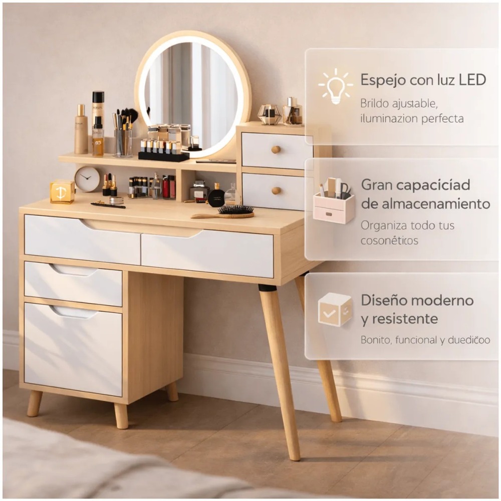 Tocador Con Espejo De Luz Comoda Extendible 130x40x110cm