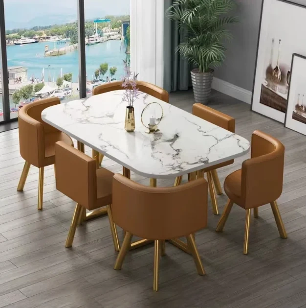 Mesa de comedor clásica moderna con encimera de mármol blanco, nueva (2026), para sala de estar con juego de 6 sillas