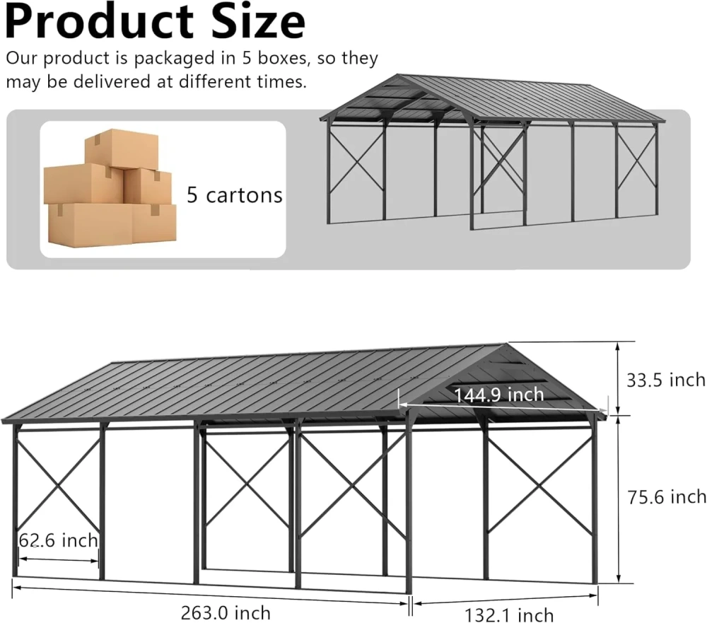 Cochera metálica de 12 x 22 pies (aprox. 3,6 x 6,7 m) para exteriores; garaje resistente de acero galvanizado con base y techo reforzados.