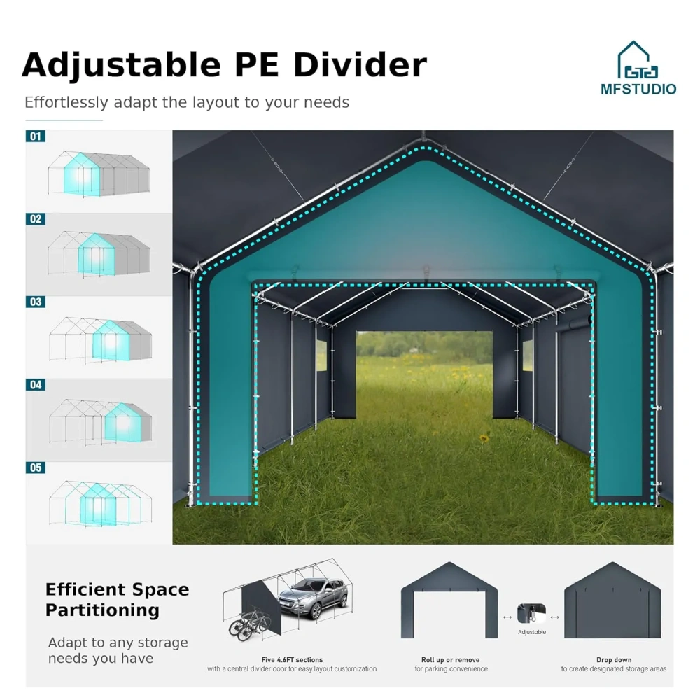 Cochera resistente de 13x24 pies, refugio de almacenamiento portátil para exteriores con puertas enrollables con cremallera, tamaño extragrande, personalizable.